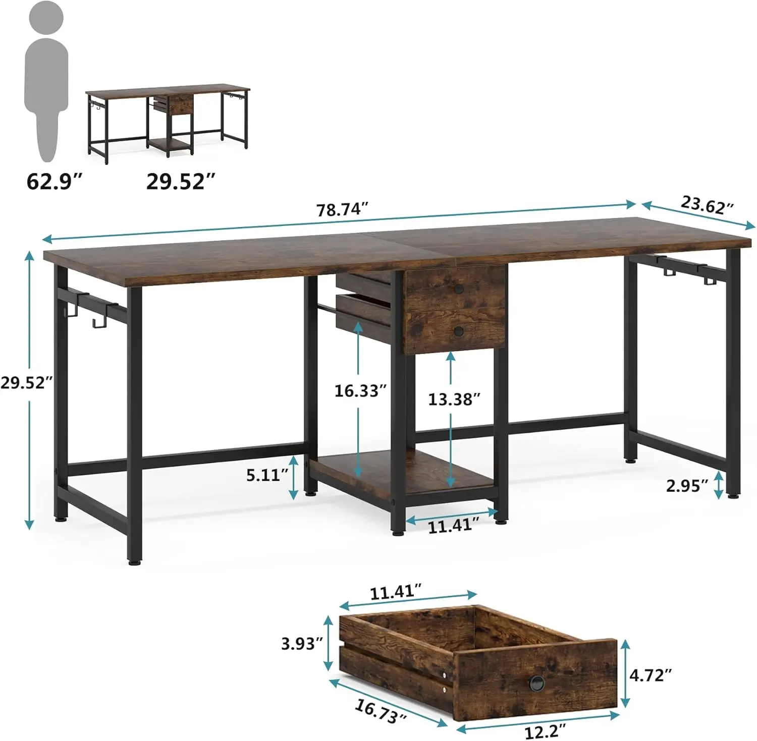 Escritorio doble de 79", escritorio para dos personas con cajón de almacenamiento, escritorio largo, escritorios de oficina en casa para 2 personas, marrón rústico