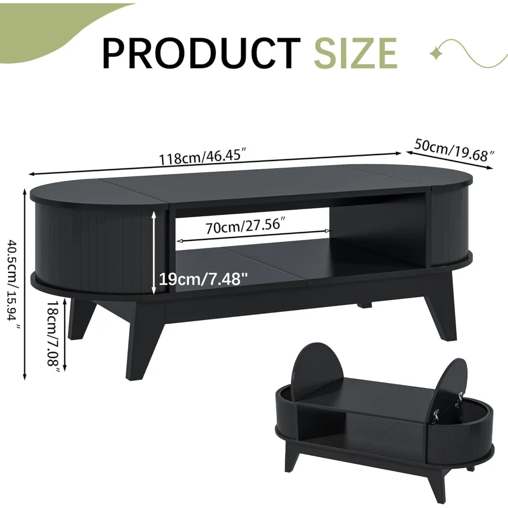 Mesa de centro con 2 almacenamientos ocultos, mesa de centro moderna de mediados de siglo con acabado estriado, mesas centrales de madera mesas de centro ovaladas con