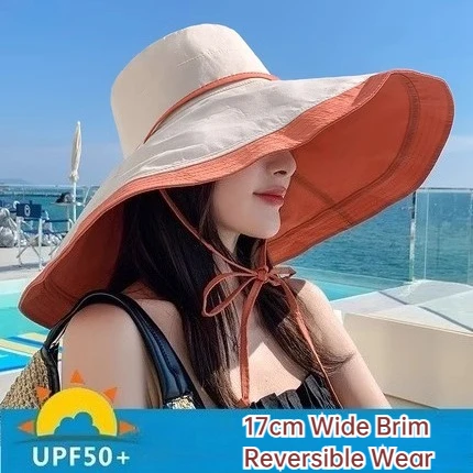 UPF50+ Reversible Sun Hat Women 17cm Wide Brim Windproof Fisherman Hat UV Protection Beach Hat Wind Strap Built-in Wire
