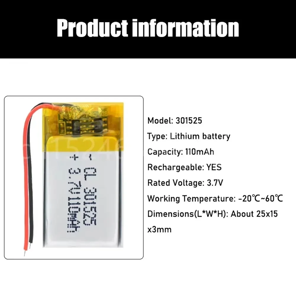 3.7V 110mAh Li-ion Battery 301525 Lithium Polymer Rechargeable Battery for GPS Locator MP3 MP4 Bluetooth Speaker LED Light
