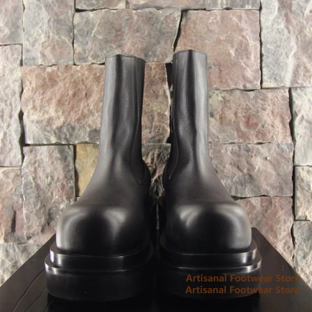 Cowhide Thick-Soled Men's Boots Round Toe Elastic Band High-Top Booties Stylish Trendy Handmade Designer Fashion Show Men Boots