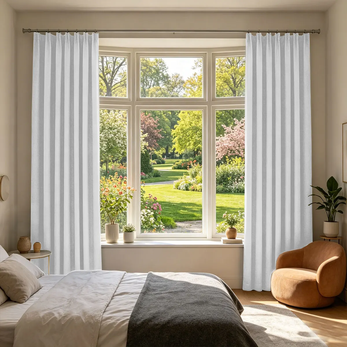 2PCS White Solid Semi-Sheer Curtains, Minimalist Bright Style, Privacy & Natural Light Allowing Pinch Pleat Curtains for Bedroom