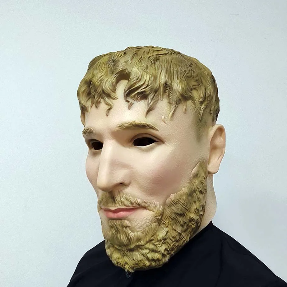 Realistische Latex-Maske für den ganzen Kopf mit lockigem blondem Haar und Bart-Design für Maskerade, Halloween, Cosplay, Kostümparty, Requisiten – Detail 2