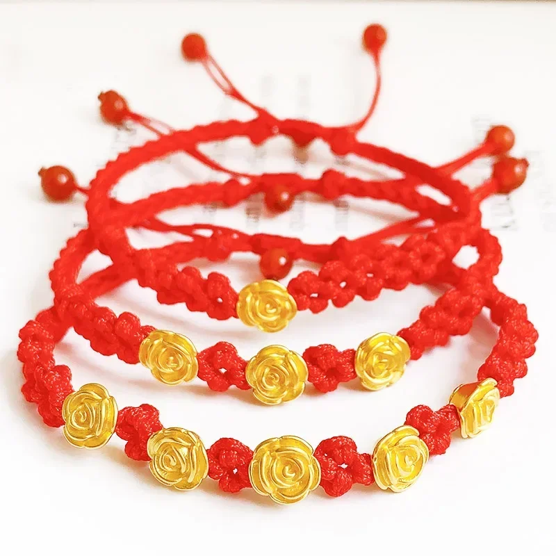 1PCS Real 24K Yellow Gold 3D Small Rose Bracelet Good Luck Charms Peach Blossom Style Weaving For Women Baby Bracelet 2021 Gift