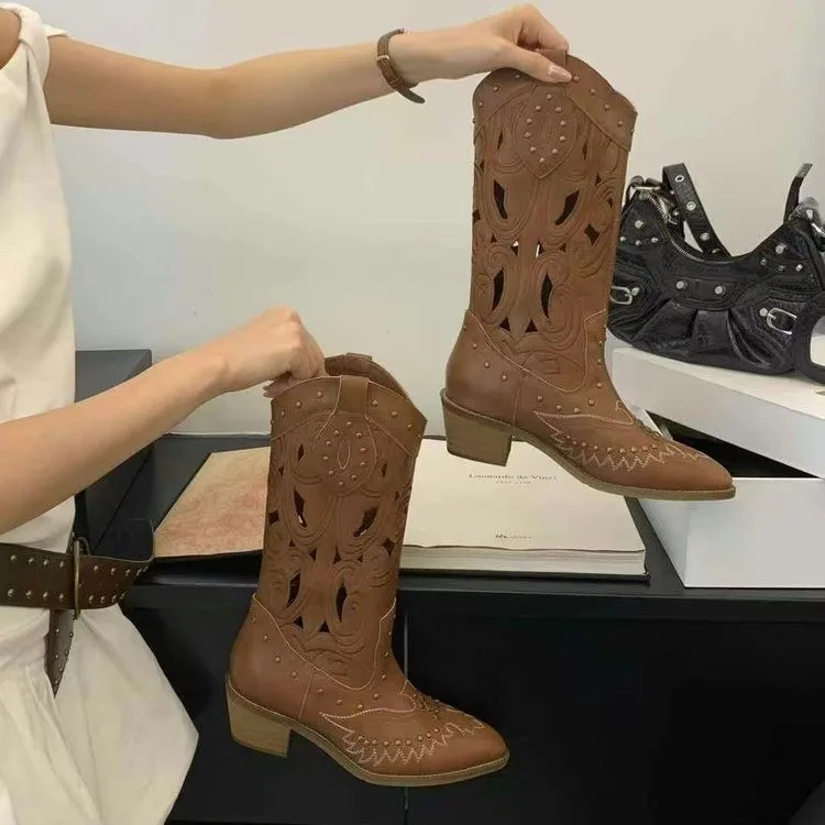 

Retro Brown Hollow Knee High Mid Heel Cowboy Boots Split Cow Leather Slip On Chunky Heel Casual Boots Round Toe Platform Boots