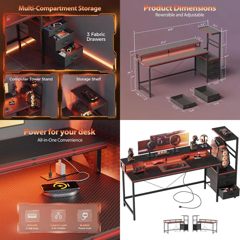

60-большой двусторонний игровой стол с хранилищем, светодиодной подсветкой, розетками и тканевыми ящиками
