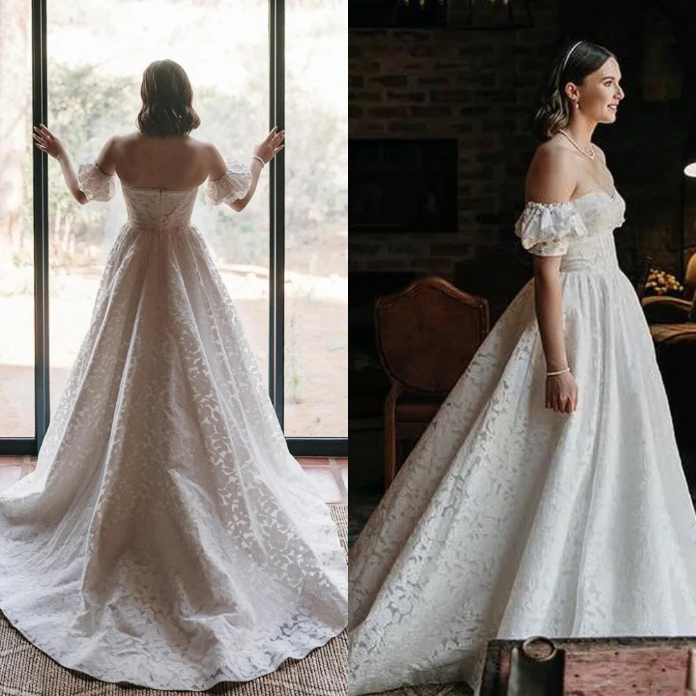

Customized White Lace Wedding Dress Temperament Strapless Off the Shoulder Bridal Gowns Chapel Train Zipper Back Dresses