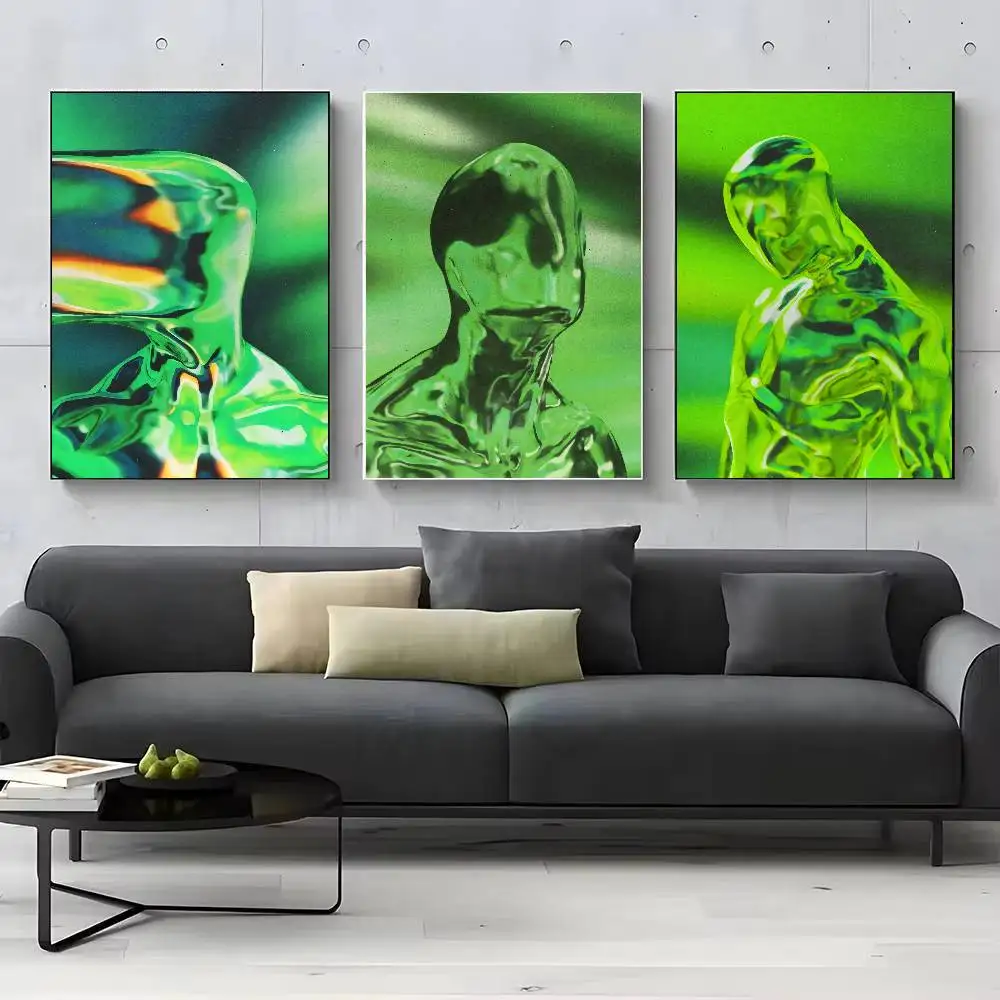 Green Distorted Human Figure Poster, Glitch Surreal Metallic Figure Print, Weird Experimental Digital Art Wall Poster Room Decor