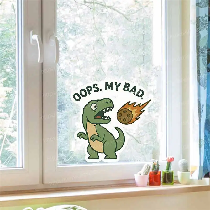 Funny Tyrannosaurus Rex And Meteorite Vinyl Stickers Prehistoric Humor Dinosaur Decals Cute Oops