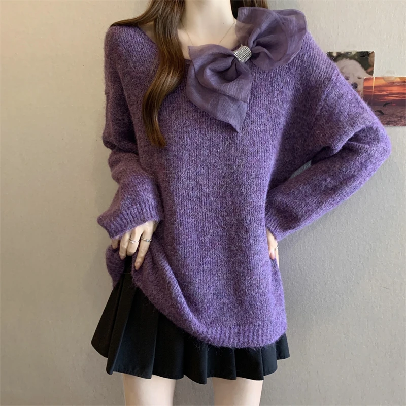 

Purple mesh bow decoration knit sweater women in autumn and winter new elegant slimming round neck fashion pullover