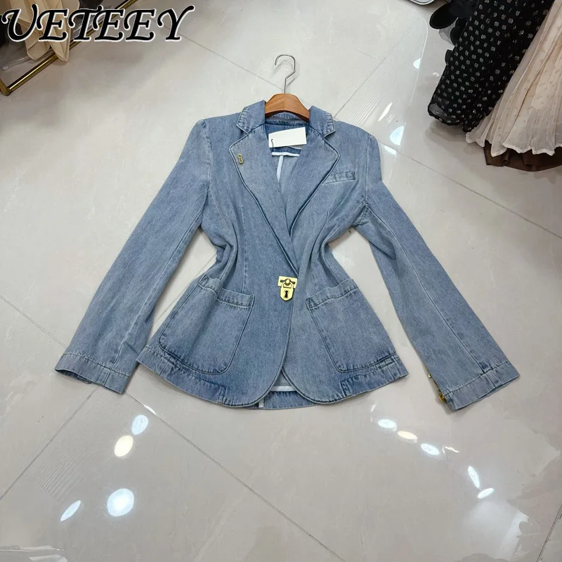 

Европейский французский ретро металлическая пряжка с подкладкой на плечах и длинными рукавами, джинсовый пиджак, женская уличная одежда, облегающее синее джинсовое пальто