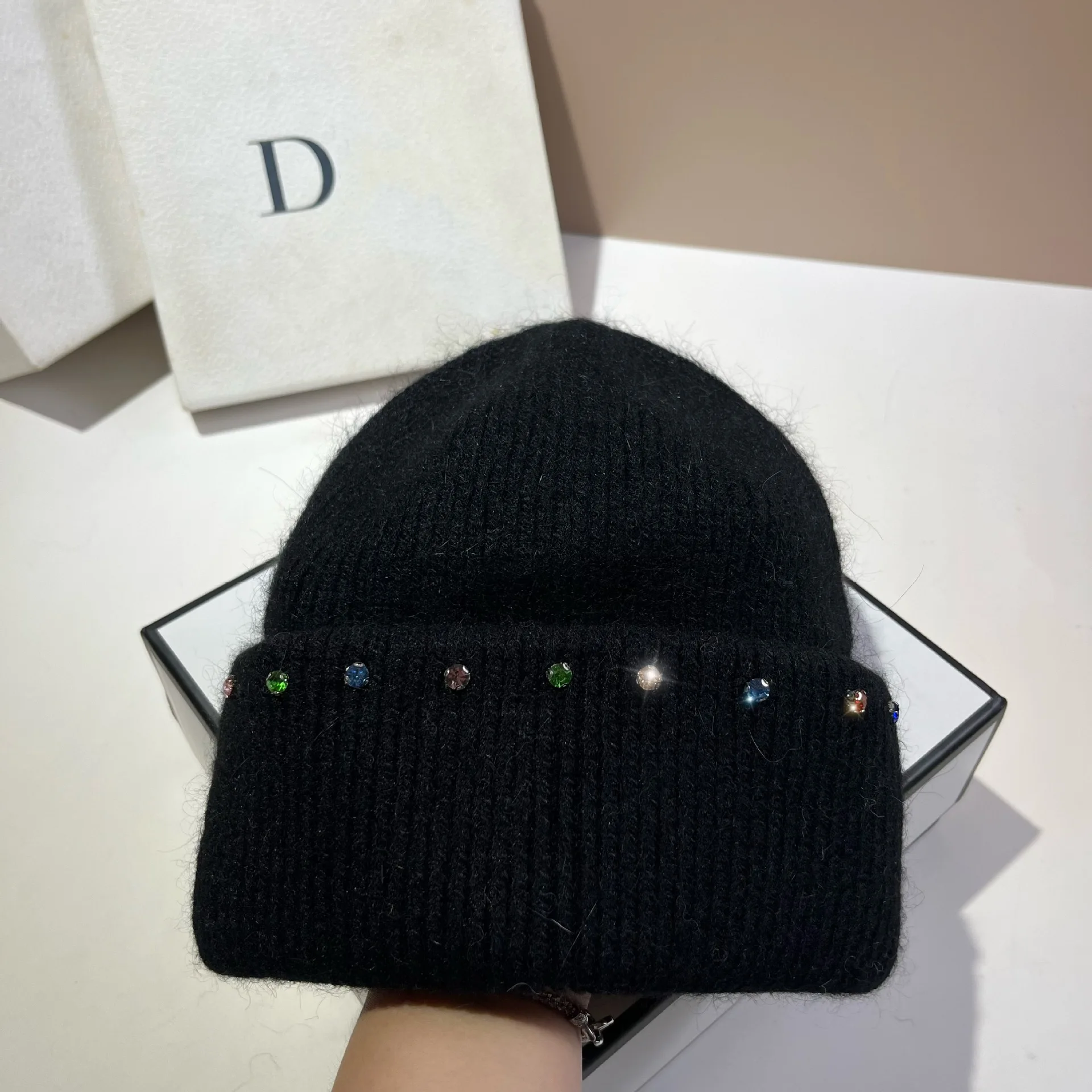 

Luxury Rhinestones Women Knitted Hat Real Rabbit Fur Winter Wool Skullies Beanies Outdoor Lady Warm Walking Bonnet Cap