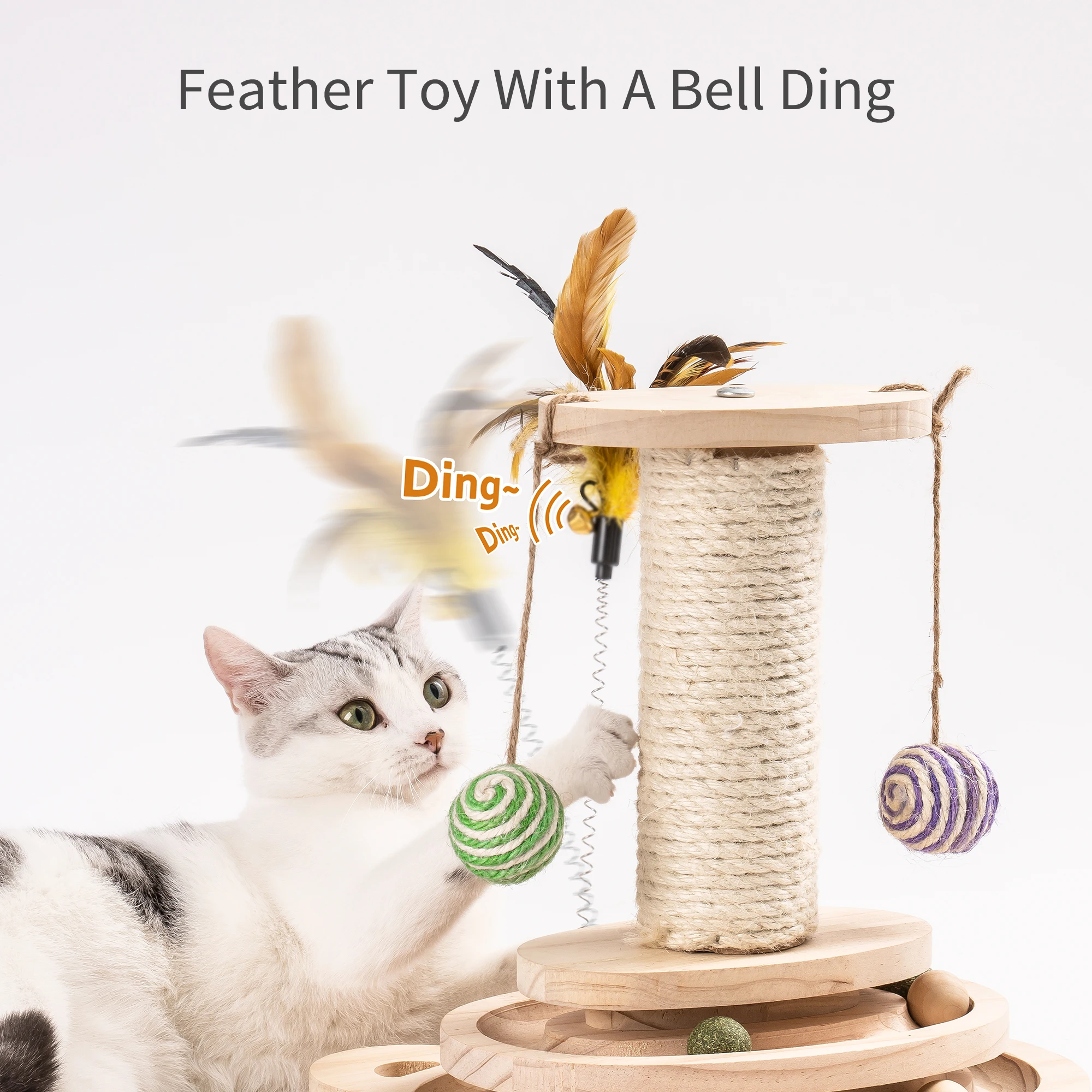 Mewoofun Cat Scratcher Pole Two-Layer with Interactive Balls and Two Sisal Balls Eco-friendly Cat Wooden Toy Funny Crazy Post