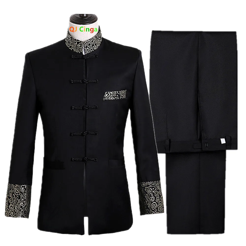 Chinese-style Men's Black Two-piece Suit, Featuring A Jacket with Gold Embroidery and Black Trousers, Available in Asian Sizes.
