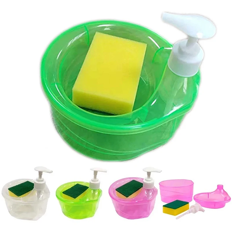 Soap Dispenser and Scrubber Holder Multifunctional Dishwashing Container 1000ml Manual Sink Dish Washing Soap Dispenser for Cafe