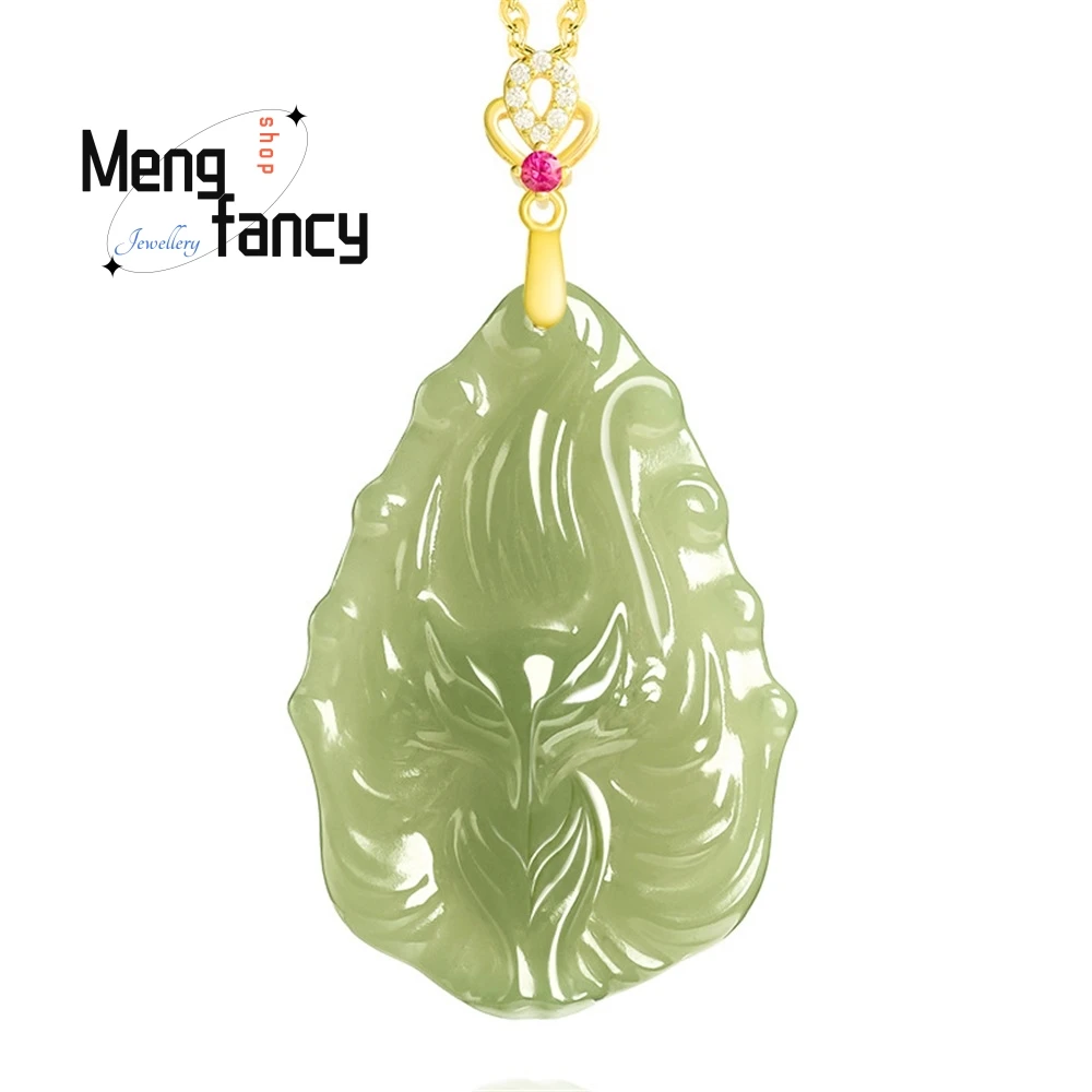 

Natural Old Material Hetian Jade Green Jade Nine - tailed Fox Pendant Genuine S925 Silver Inlaid Jade Pendant Necklace Exquisite