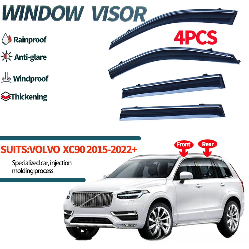 PC Explosion-Proof 4Pcs Window Visor with Sliver Chrome Fit For VOLVO XC90 SPA 2006-2014 & 2015-2022 Wind Deflectors