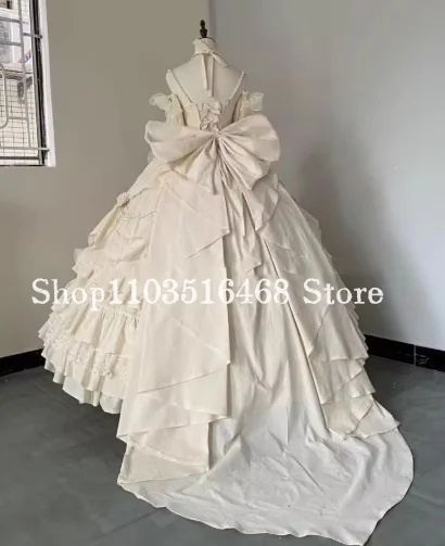 Luxe zuiver witte galajurk Victoriaanse gezwollen geplooide korset gelaagde vlinderdas parel halter maskerade rollenspel jurk op maat