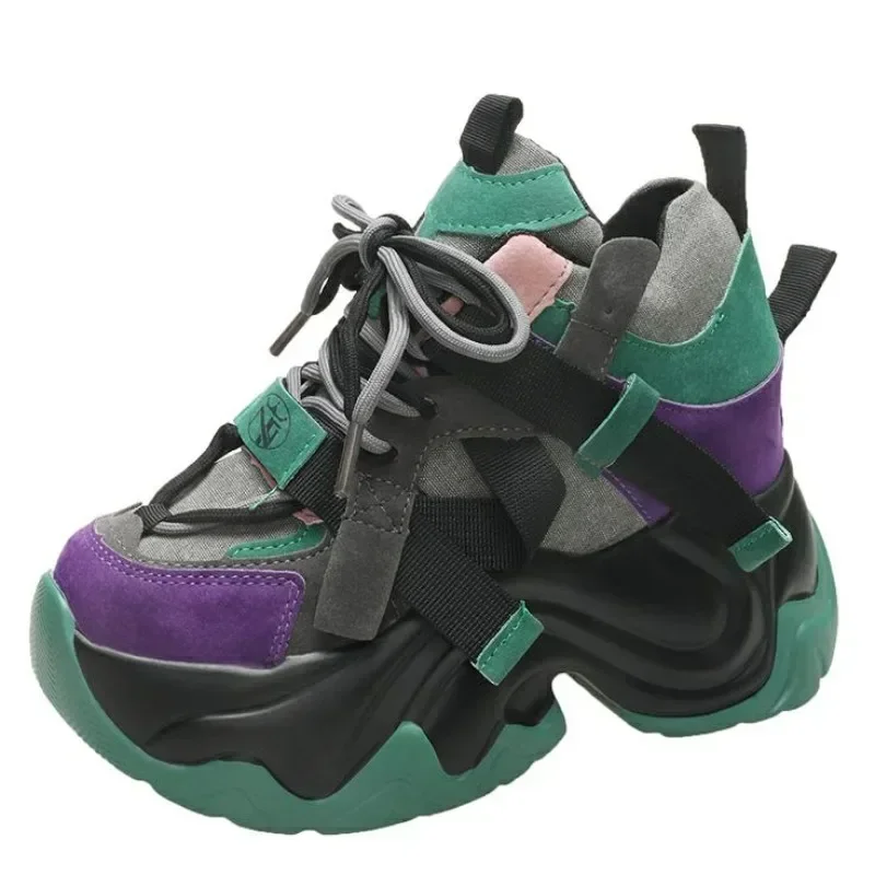 

9.5CM Autumn Winter Chunky Sneakers Women Lace Up Platform Sports Shoes Girl Goth Thick Bottom High Heels Female Wedges Sneakers