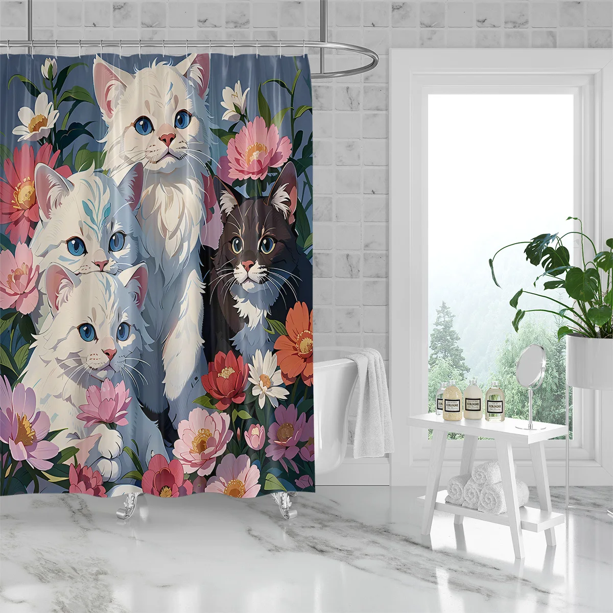 1PC Cute Kitten Series Pattern Shower Curtain,3D Embossed Washable Waterproof Shower Curtain,12 hooks,Family Bathroom Decoration