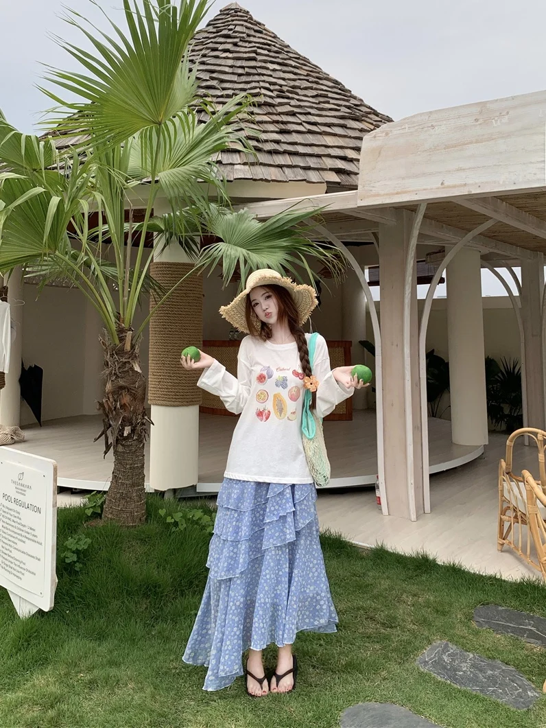 

Laid-back Style Fruit Print Long Sleeve T-shirt Women's Summer Floral Asymmetrical Skirt Two-piece Set Casual Fashion