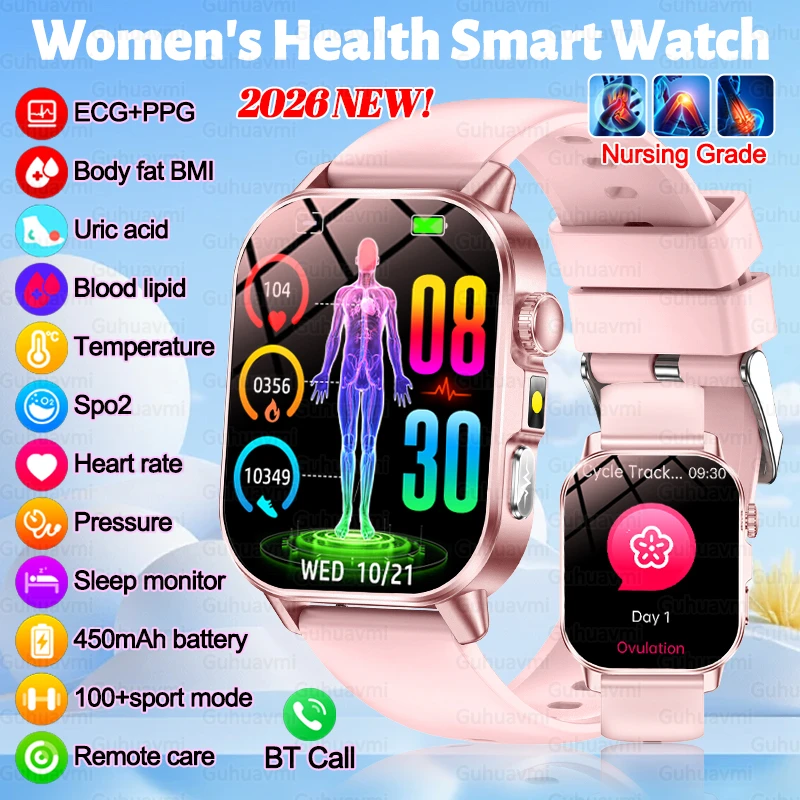 2026 New Women's Health Smart Watch ECG Body Fat BMI Uric Acid Blood Lipid Heart Rate BT Call AMOLED Smartwatch For IOS Android