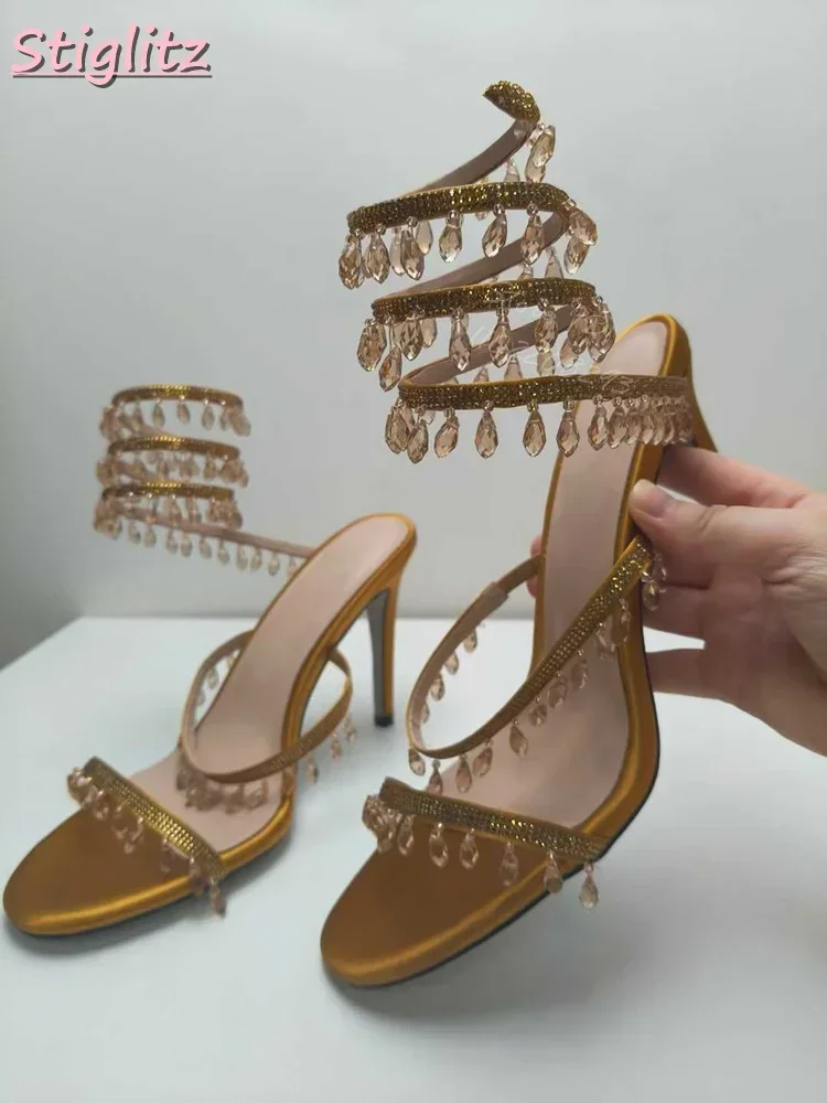

Open-toe Winding Pendant Sandals Snake-shaped Crystal Fringe Stiletto Thin High Heeled Roman Sandals Sexy Women Shoes 2025
