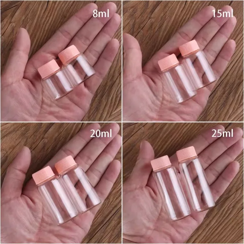 

200 шт. прозрачных стеклянных флаконов для духов и специй объемом 8 мл, 15 мл, 20 мл, 25 мл с розовыми пластиковыми завинчивающимися крышками, мини-баночки для рукоделия