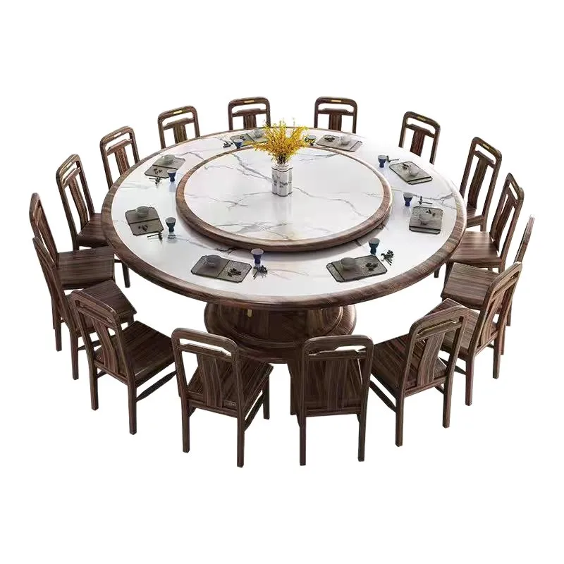 

Solid wood rock slab dining table and chair combination, round table with turntable, modern simplicity, home high-end dining