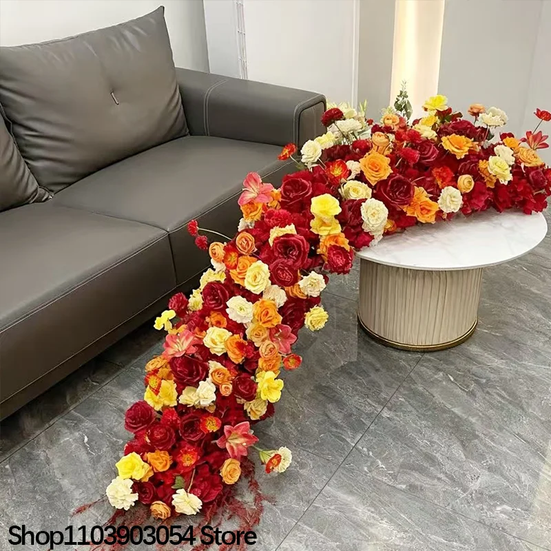 أحمر/برتقالي/أصفر فاخر وردي كوبية أريكة الجدول عداء زهرة الزفاف خلفية الديكور تشكيلة صف الزهور الدعائم الحدث