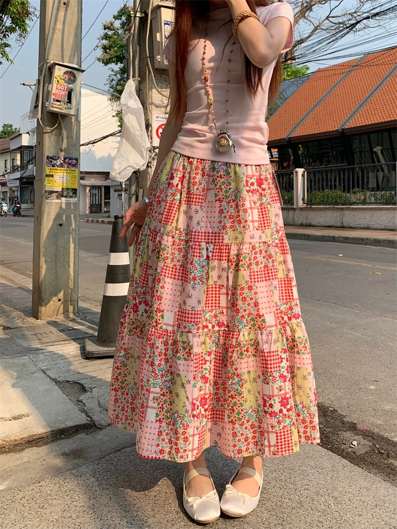 Benuynffy Summer Contrasting Color Floral Patchwork Skirts Women Bohemian Vacation Elastic Waist Casual Swing Long Skirts Female