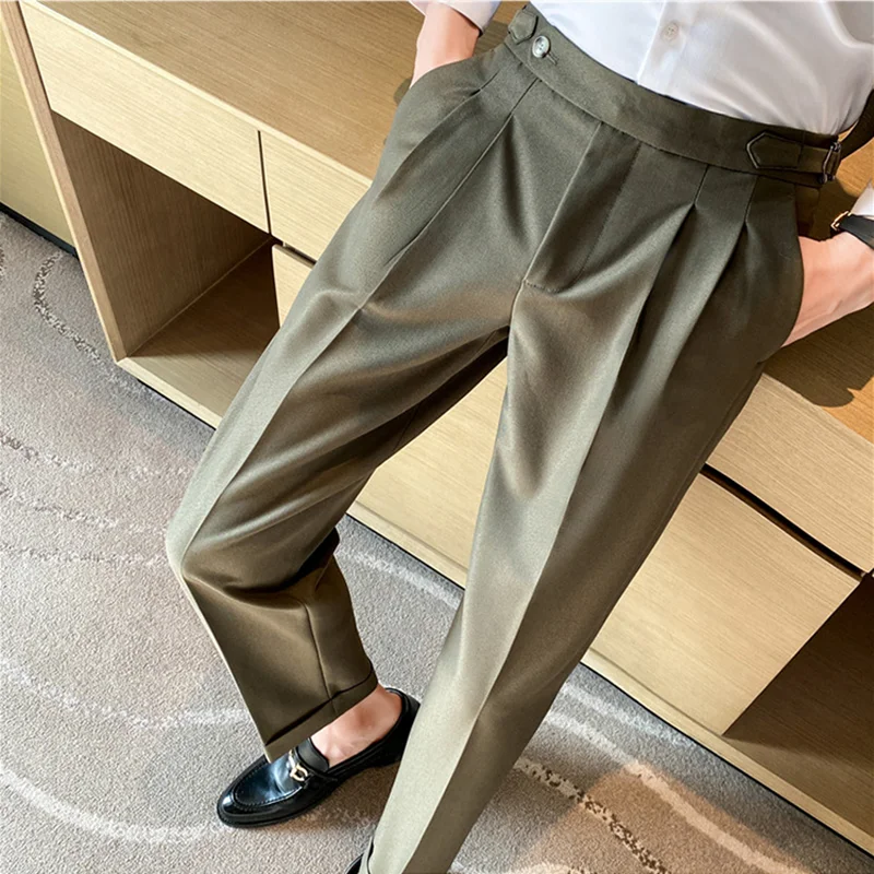 British Style Men High Waist Casual Business Dress Pants Streetwear 2024 New Fashion Social Belt Decoration Slim Fit Suit Pants