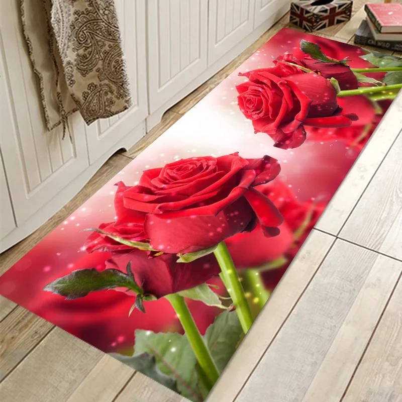 Rose Floral Kitchen Floor Mat Home Entrance Doormat Decoration Carpet for Living Room Non-slip Corridor Rugs Bathroom Mat