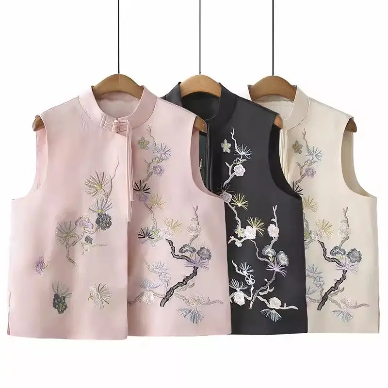 

Chinese Style Vest Women's Spring Retro Embroidered Tang Suit Button Up Jacket Middle Aged Elderly Fashion Waistcoat Top K1360