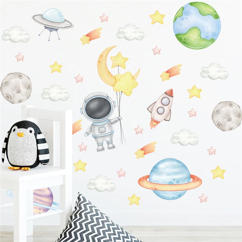 Cartoon Baby Astronaut Exploring Space Wall Stickers For Home Decoration Diy Nursery Mural Art Diy Kids Bedroom Decal Pvc Poster