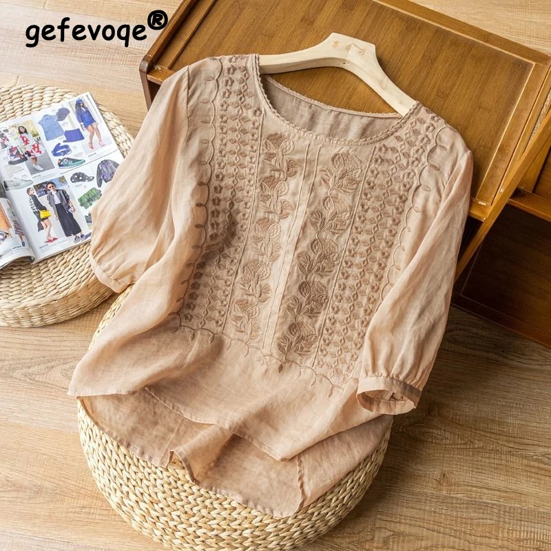 Women\'s Clothing Vintage Lace Embroidery Cotton Linen Shirt Summer Simple Casual O Neck Half Sleeve Blouses Irregular Loose Tops