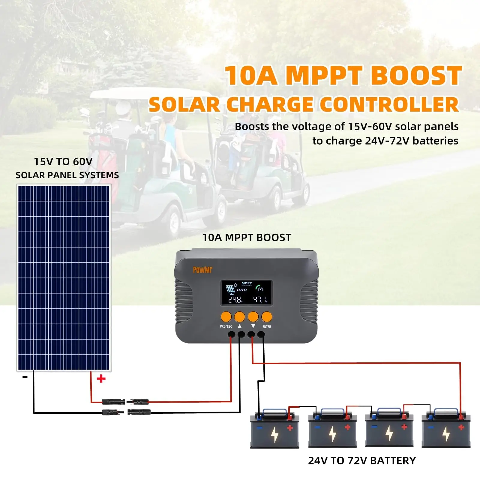 PowMr Solar Boost Voltage Charger for 24V 36V 48V 60V 72V Battery Step Up MPPT Solar Charge Controller For Ebike Electric Bike