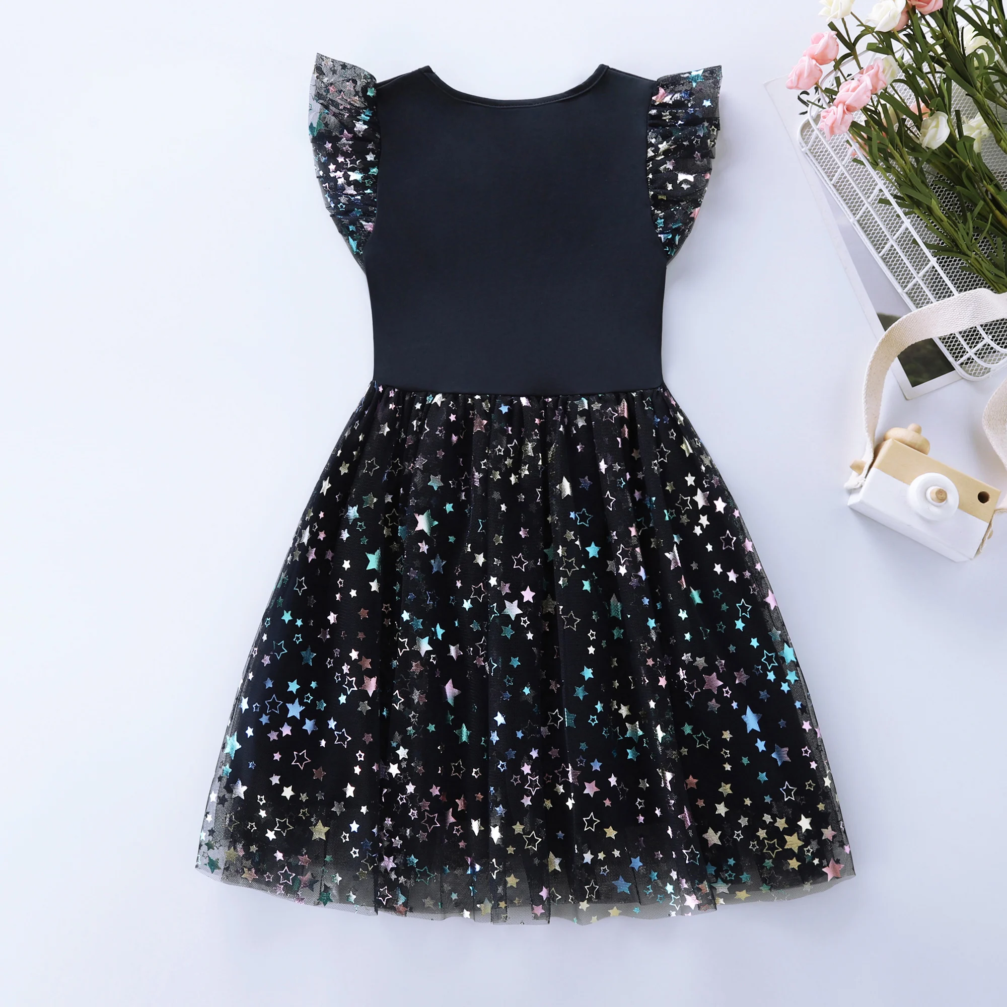 Spring/Summer New Girl\'s Sleeveless Party Cotton Mesh Spliced Star Printed Unicorn Dress SH1709