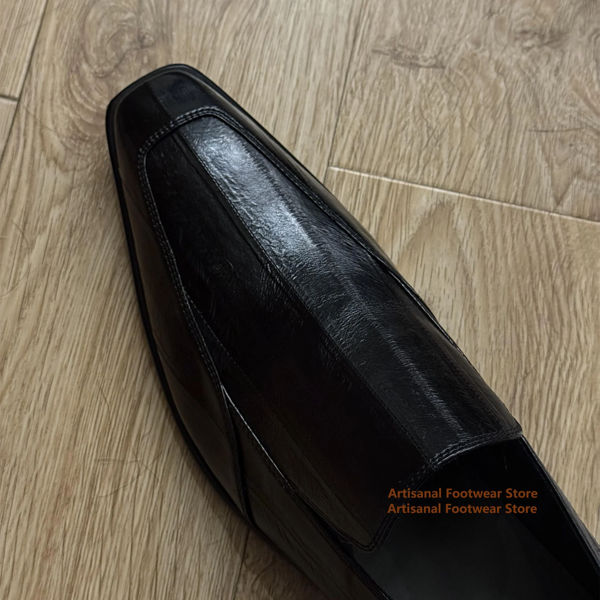 

Black Leather Block Heel Dress Loafers Slip-On Square Toe Formal Casual Leather Shoes for Men Trendy Luxury Handmade Derby Shoes