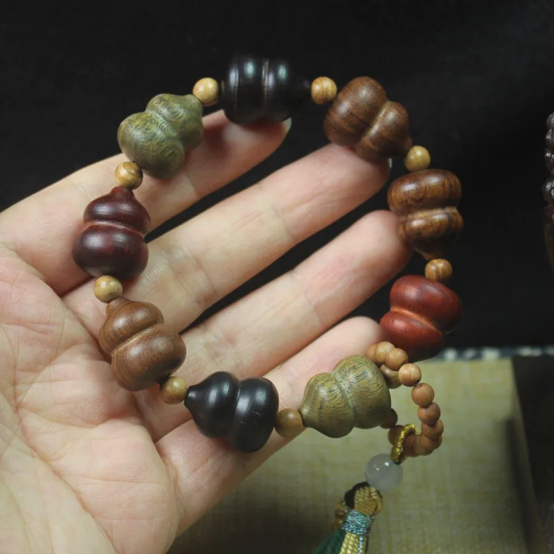 Green Sandalwood and Black Sandalwood Multi-Treasure Gourd Bracelet, Buddhist Beads, Fashionable Jewelry for Men and Women, Pray