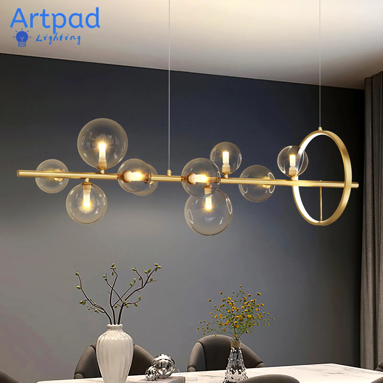 Lampadario moderno in oro lucido Illuminazione a LED Paralume a bolle di vetro nordico per sala da pranzo Lampada a sospensione a sospensione nera