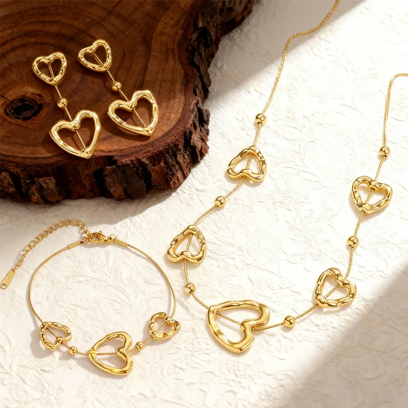 Nextvance Hollow Out Irregular Heart-shaped Earrings Bracelet Necklace For Women Gold Plated Stainless Steel Jewelry Set Gifts