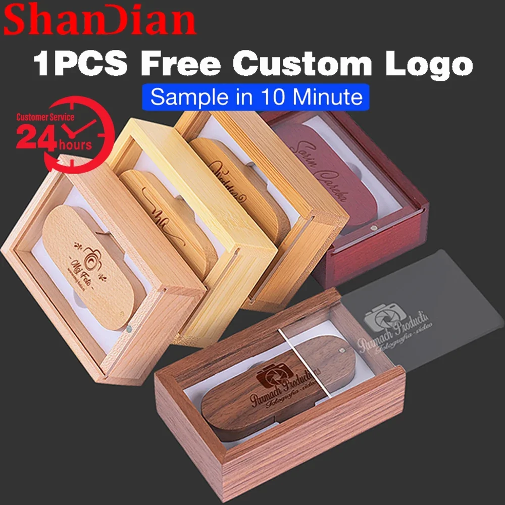 SHANDIAN Transparent Cover Wooden Push-pull Box USB 2.0 Flash Drive 128GB Free Custom Logo Pen Drive 64GB USB Stick Wedding Gift