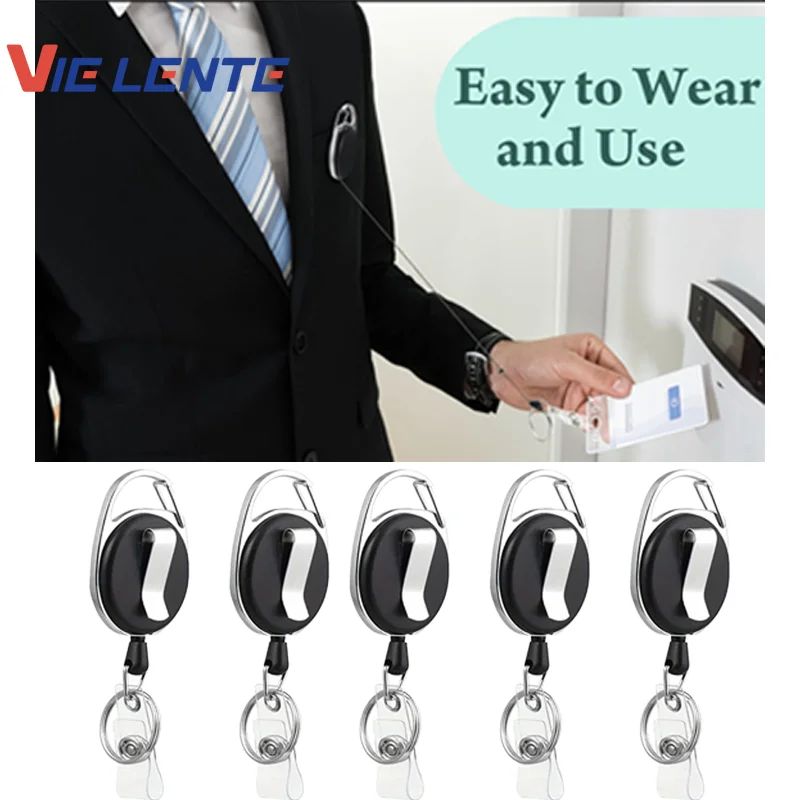 Retractable ID Badge Holder with 360° Swivel Clip, Belt Carabiner, Keychain Ring & Snap Hook, PVC Reel Strap 3/5PCS Lanyard