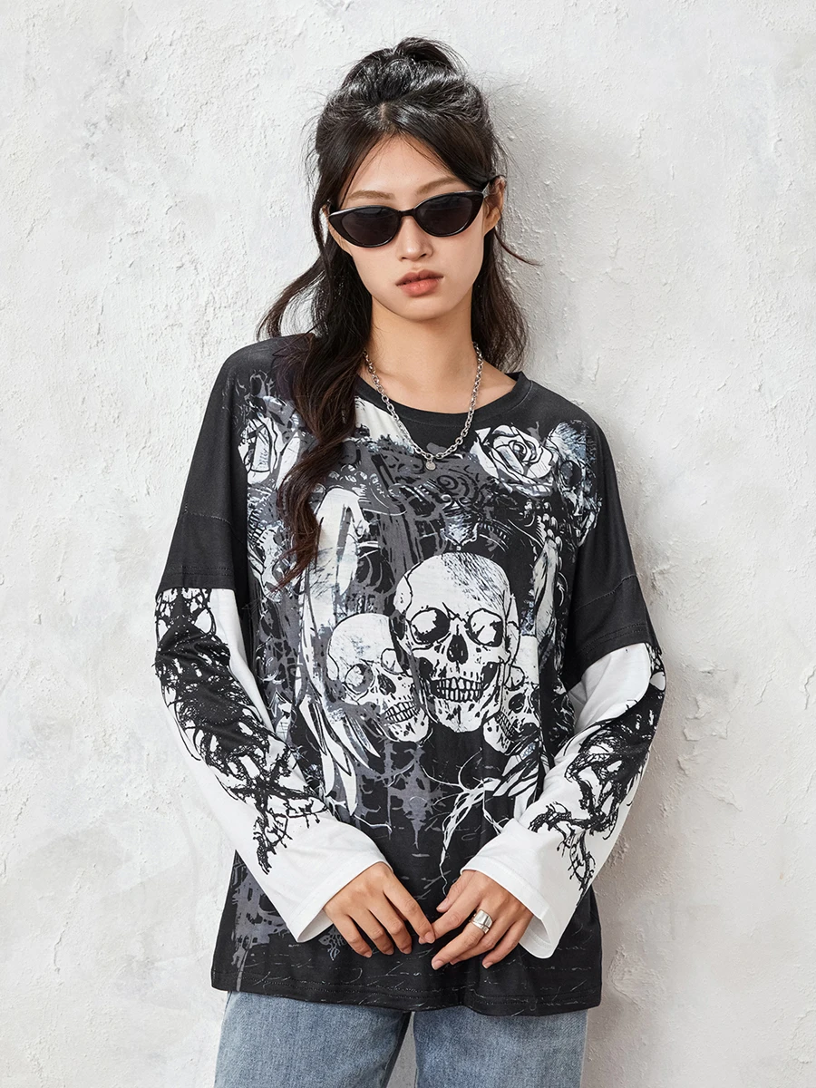 Women Gothic Grunge Sweatshirt Vintage Skull Print Long Sleeve Loose Shirt Tops Punk Hip Pop Streetwear