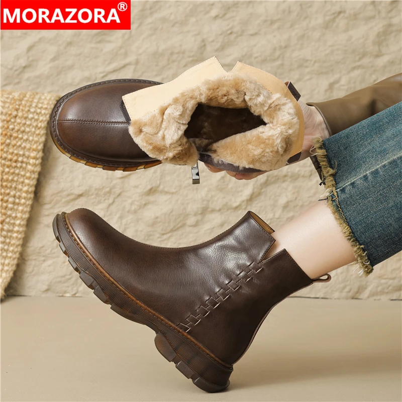 

MORAZORA Nature Wool Genuine Leather Boots Women Zipper Fashion Ankle Boots Warm Winter Snow Boots Ladies Shoes