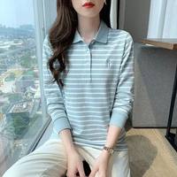 Women’s Striped Polo Shirt 100% Cotton Long Sleeve Slim Fit Lightweight Top Autumn Elegant Collar Casual Versatile New Arrival​