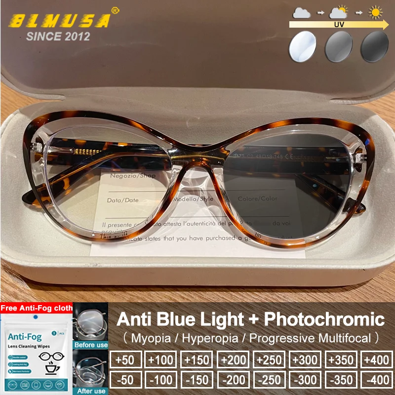 BLMUSA Trendy Style Women's Cat Eye Design Photochromic Glasses Small Frame Blue Light Blocking Prescription Reading Eyeglasses