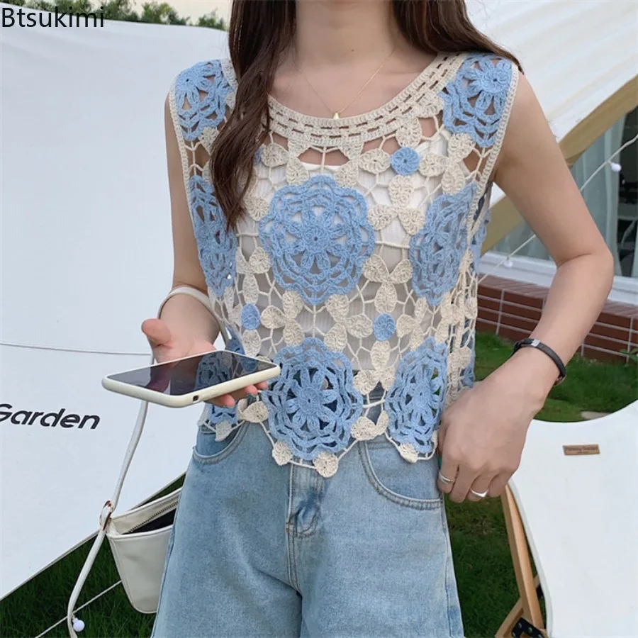 2026 New Women‘s Embroidered Floral Crochet Top Cropped Open-Knit Sweater Pullovers Bohemian Beach Cover Up Blouse Resort Wear