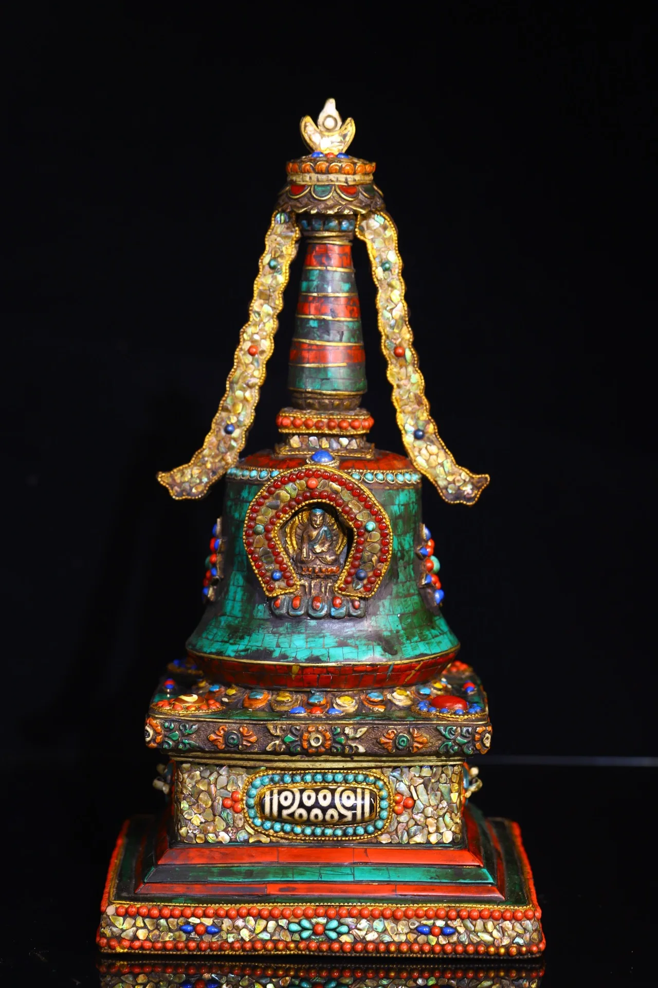 

12"Tibetan Temple Collection Old Bronze Painted Mosaic Gem gZi Beads Turquoise Shakyamuni Buddha Pagoda Stupa Worship Hall